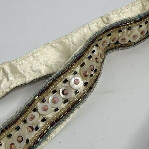 Vintage Louise Green Beaded Waist Sash Belt Ivory Pink Sequin Ribbon Tie